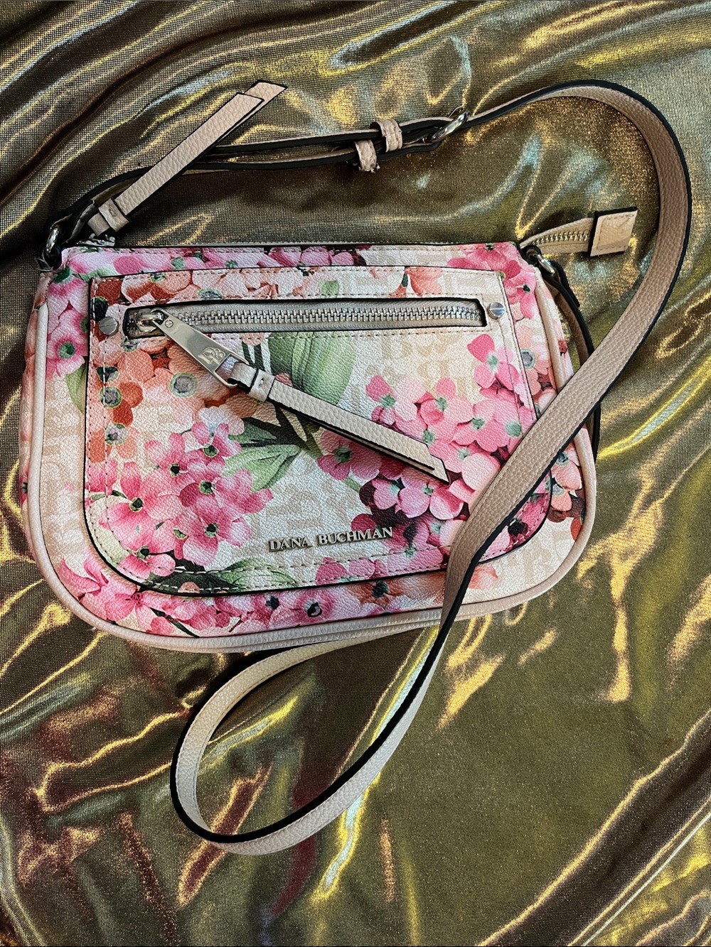 Dana Buchman Pink Floral Crossbody with Cream Straps & Trim